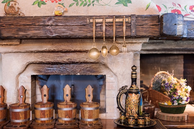 Unique ethnic restaurant interior. Traditional design. Ukrainian rural style and decorations