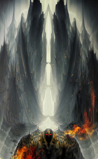a unique fantastic image of a space guard against the background of the mountains of another world a...