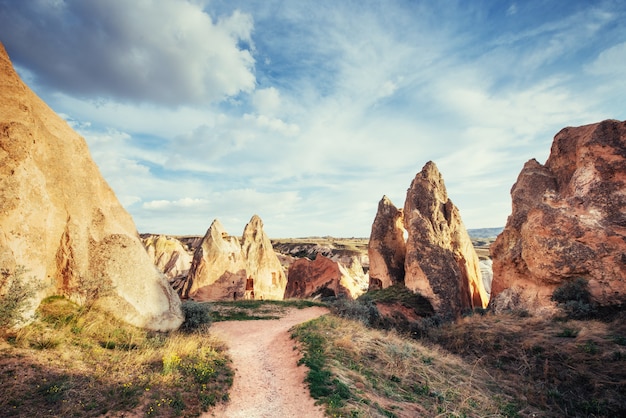 Unique geological formations in valley in Cappadocia