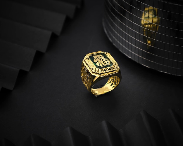 Unique gold men's ring on black background Precious jewelry