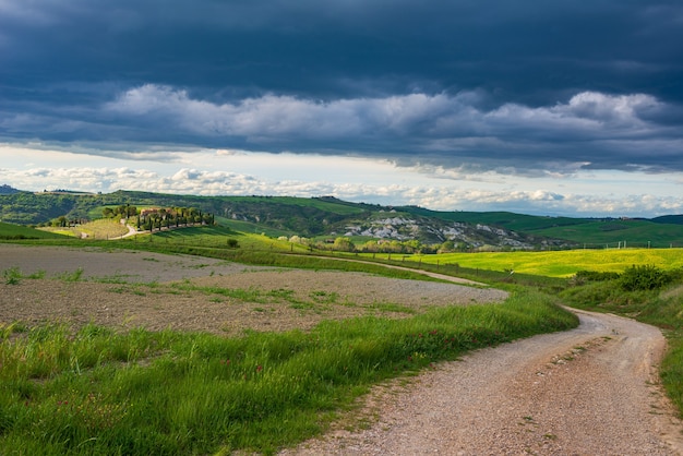 Уникальный зеленый пейзаж в долине Орча, Тоскана, Италия. Драматическое закатное небо, пересечение грунтовой дороги засеянными холмами и полями зерновых культур.