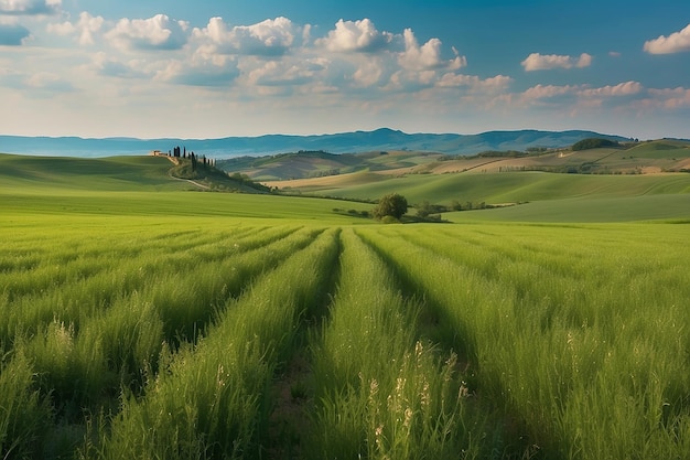 토스카나 이탈리아의 독특한 녹색 풍경 야생 오키디아와 꽃은 경작 산맥과 곡물 작물  ⁇ 에 있습니다.