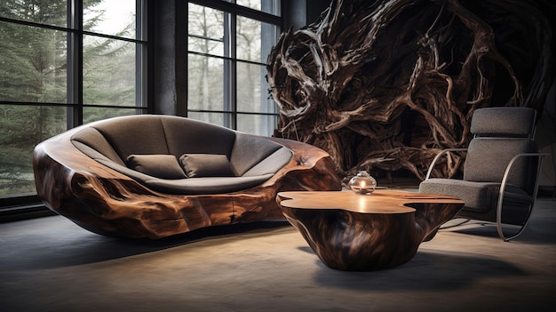 写真 白い壁と装飾的な抽象的な木で木の幹から作られたユニークな手作りのソファー