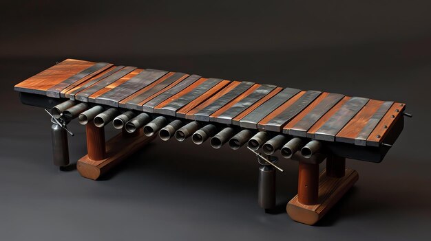 Unique handcrafted xylophone made of wood and metal The instrument is placed on a dark background The xylophone has a beautiful and unique design