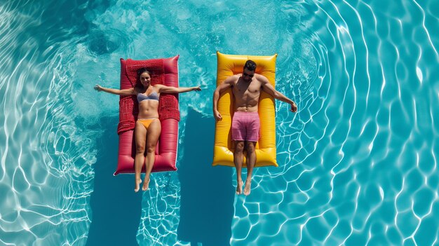 A unique happy couple enjoys a summer day floating in the pool having fun atmosphere of joy