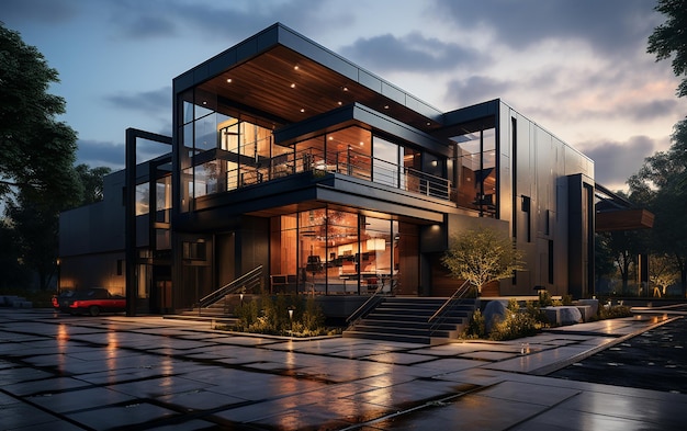 Unique industrial architecture house in daylight photorealistic AI generative