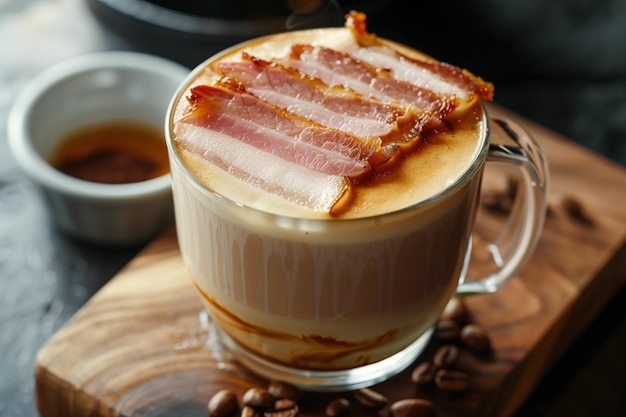 Photo unique latte with crispy bacon on top a fusion of breakfast flavors