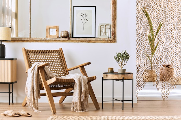 Уникальный интерьер гостиной со стильным креслом из ротанга, дизайнерской мебелью, засушенными цветами, рамкой для плаката, деревянным полом, украшениями и элегантными личными аксессуарами.