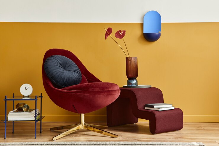 Photo unique living room in modern style interior with frame, design red velvet armchair, elegant furniture
