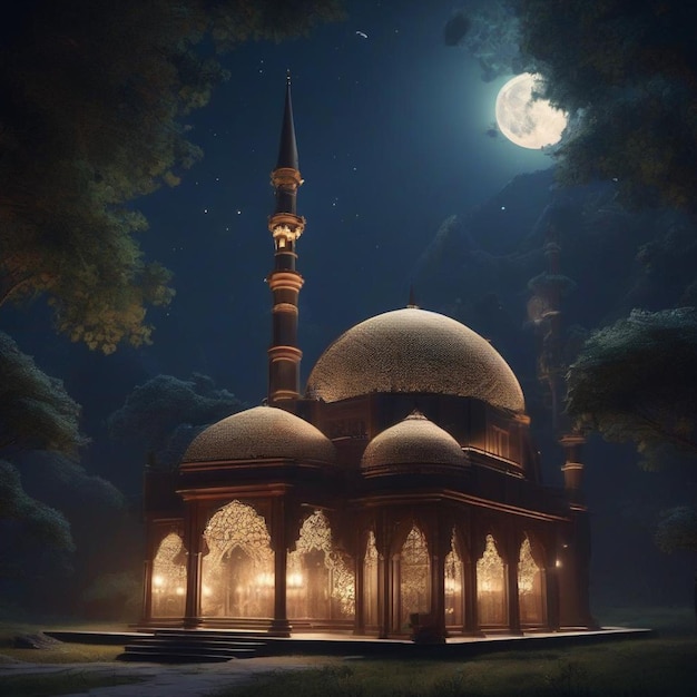 Unique masjid located in beatiful surroundings in a moonlit night