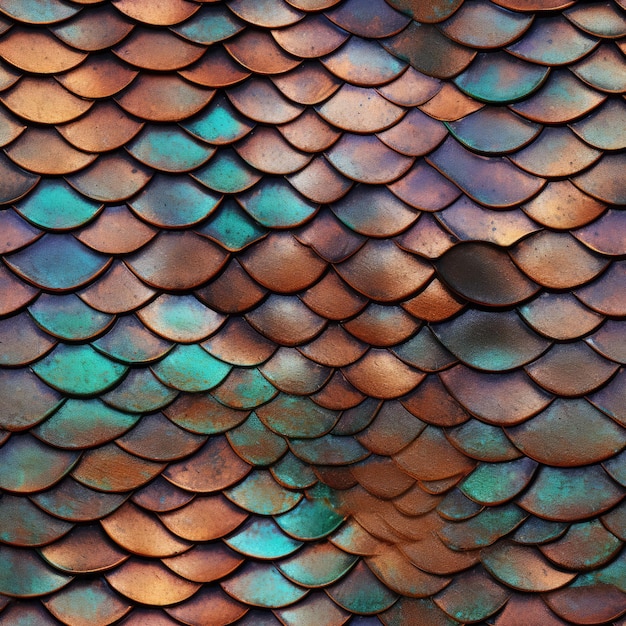 The unique pattern on a piece of copper scales on a reptile