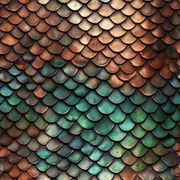 The unique pattern on a piece of copper scales on a reptile