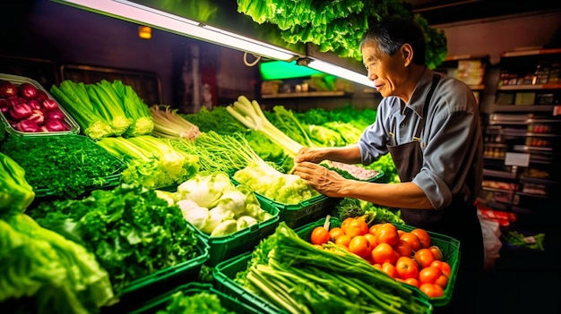 A unique perspective of a man browsing vegetables emphasizing the abundance of fresh produce