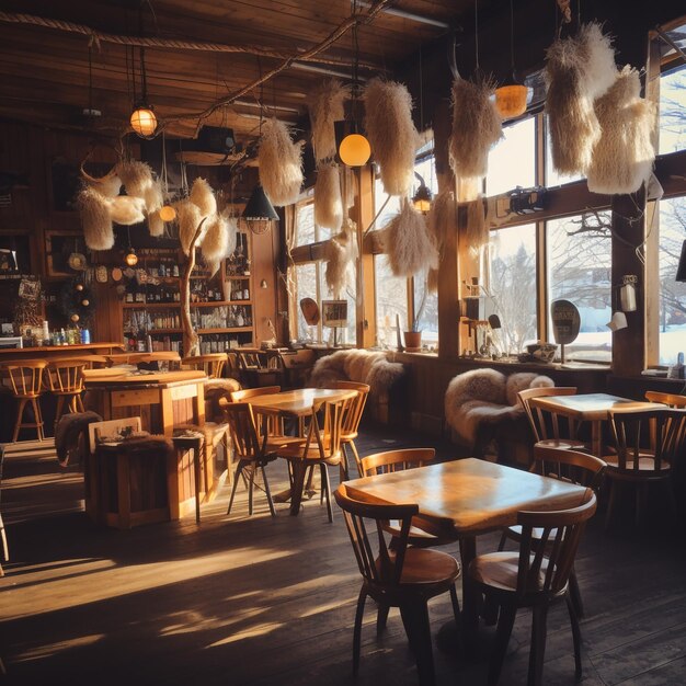 Foto una foto unica di un ristorante fuzzy con sedie e tavoli di legno