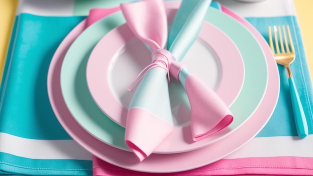 A Unique Place Setting With Pink And Blue Plates And Napkins AI Generative