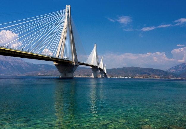 The unique RioAntirrio Bridge on the Ionian Sea in the Peloponnese in Greece on a sunny day