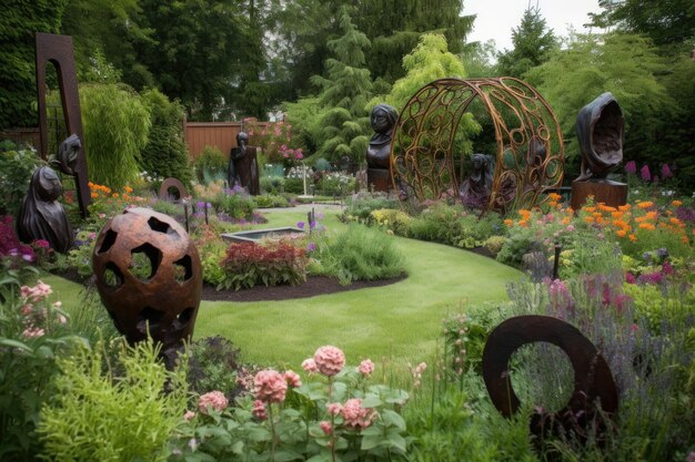 Foto sculture uniche in un giardino circondato dal verde e dai fiori creati con l'ia generativa