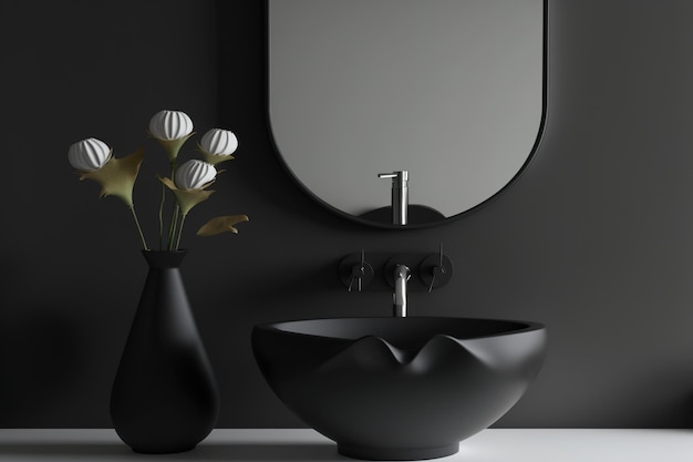 A unique shaped black bathroom sink is positioned next to a gray wall in front a mockup