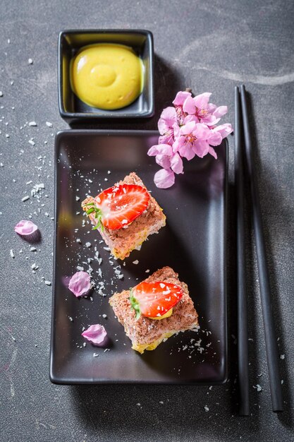 Unique sweet sushi made of fresh fruits