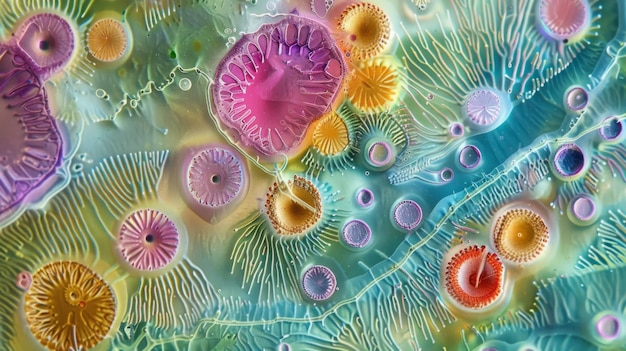 현미경 을 통해 볼 수 있는 여러 종 의 다이아 의 독특 하고 활기찬 색채 패턴