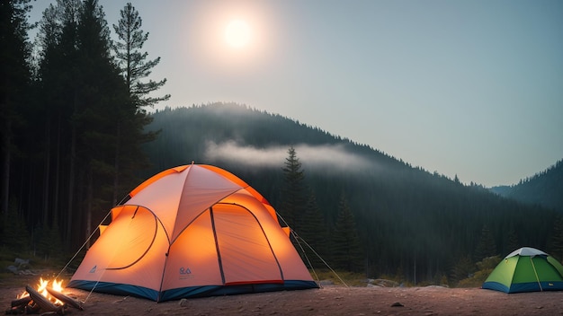 A Unique View Of A Tent With A Campfire In The Foreground AI Generative