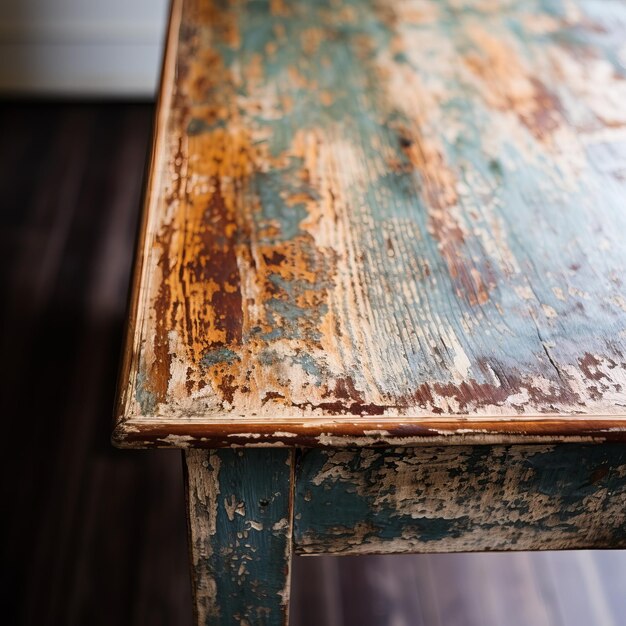 Photo unique vintage table with distressed wood and blue paint