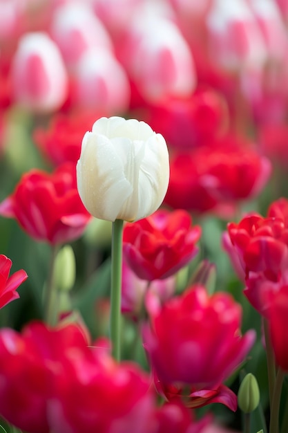 Unique white tulip standing out in a field of red tulips