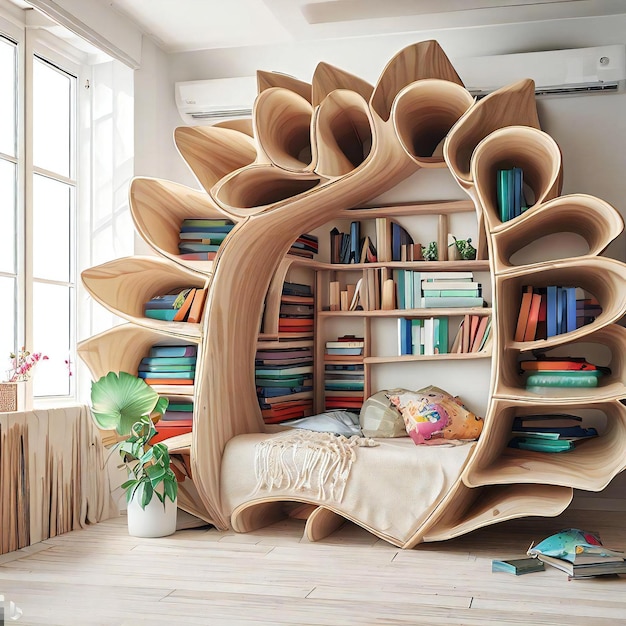 Photo a unique wooden bookshelf