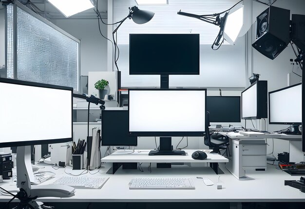 Уникальное рабочее место с пустым белым макетом компьютера ноутбука умная офисная концепция творческое рабочее пространство пустое элегантное копировальное пространство генеративная ИИ иллюстрация