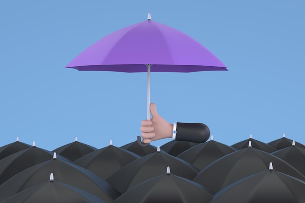 Uniqueness and individuality Hand holding a purple umbrella among people with black umbrellas