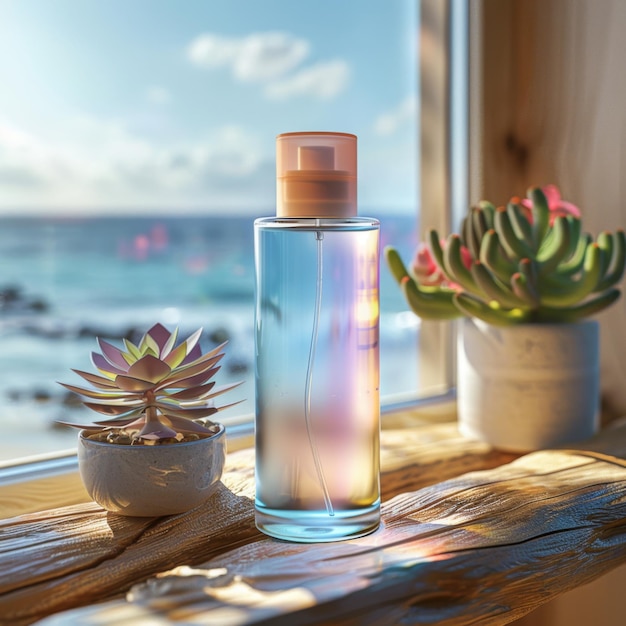 Photo unisex perfume bottle with colorful acrylic cap in beach house setting