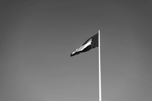 Флаг Объединенных Арабских Эмиратов развевается на фоне чистого и спокойного неба ОАЭ отмечают свой национальный день 2 декабря каждого года.