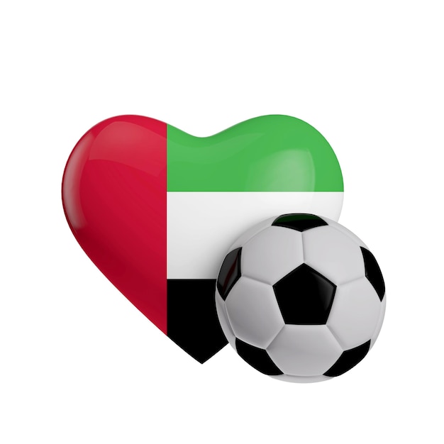 United Arab Emirates flag heart shape with a soccer ball Love football 3D Rendering