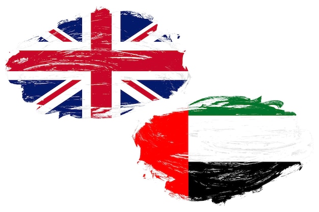 Photo united arab emirates and united kingdom flag together on a white stroke brush background