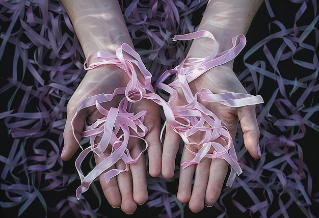 Photo united by awareness hands holding lavender ribbons symbolizing support and solidarity