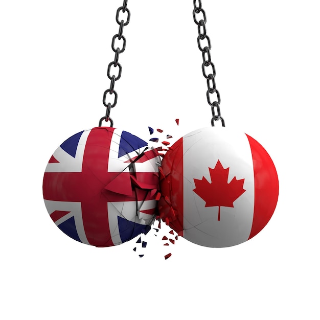 United Kingdom and Canada flag political balls smash into each other 3D Rendering