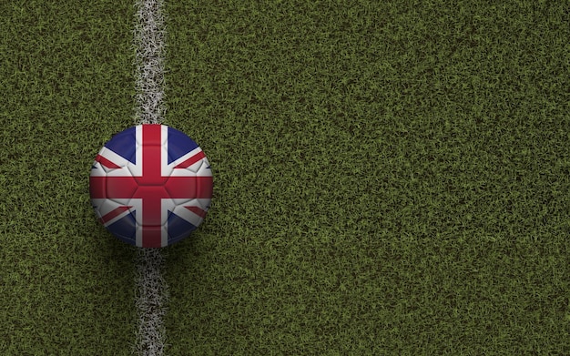 United Kingdom flag football on a green soccer pitch 3D Rendering