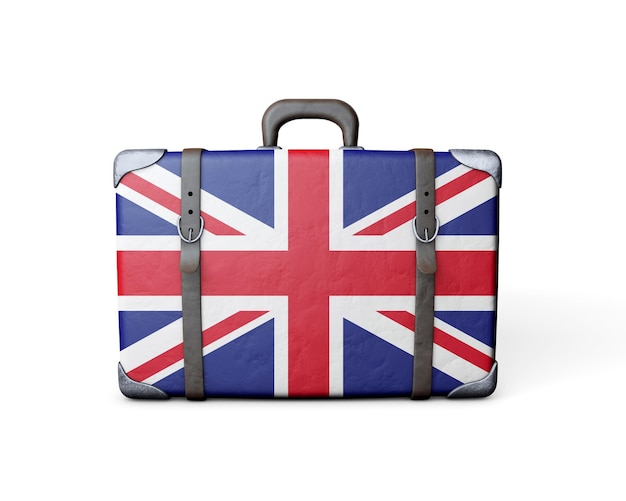 United Kingdom flag on a vintage leather suitcase 3D Rendering