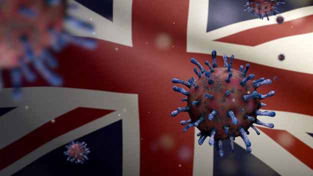 United Kingdom flag waving and Coronavirus 2019 nCov concept. Asian outbreak in Britain, coronaviruses influenza as dangerous flu strain cases as a pandemic. Microscope virus Covid19 close up.