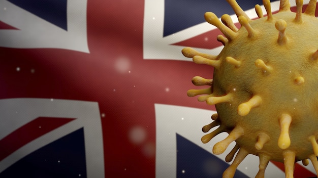 United Kingdom flag waving with the Coronavirus outbreak infecting respiratory system as dangerous flu. Influenza type Covid 19 virus with national Britain banner blowing background. Pandemic concept