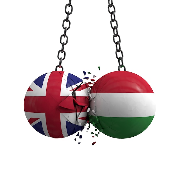 英国とハンガリーの旗の政治的ボールが互いにぶつかり合う3Dレンダリング