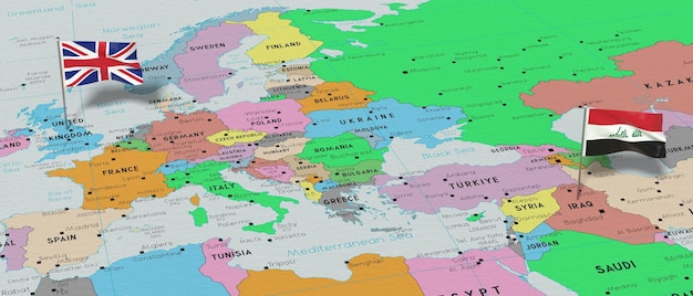 イギリスとイラクの国旗を政治地図の3Dイラストに貼る