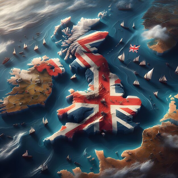 Карта Соединенного Королевства с размахивающимся флагом страны реалистичная фотография