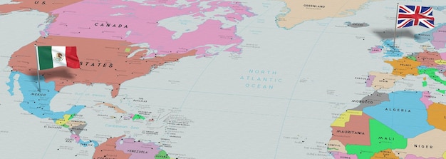 United Kingdom and Mexico pin flags on political map 3D illustration