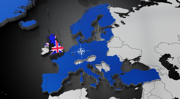 United Kingdom in NATO map and flags 3D illustration