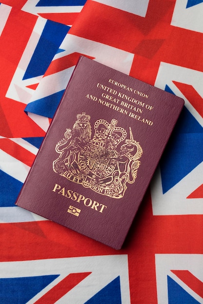 United Kingdom passport with Union Jack Great Britain flag