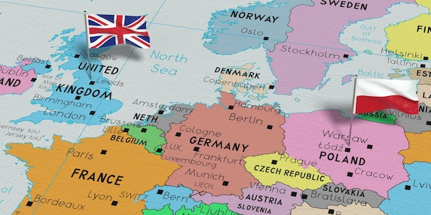 Photo united kingdom and poland pin flags on political map 3d illustration