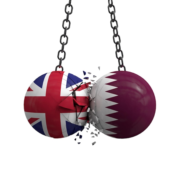 United Kingdom and Qatar flag political balls smash into each other 3D Rendering