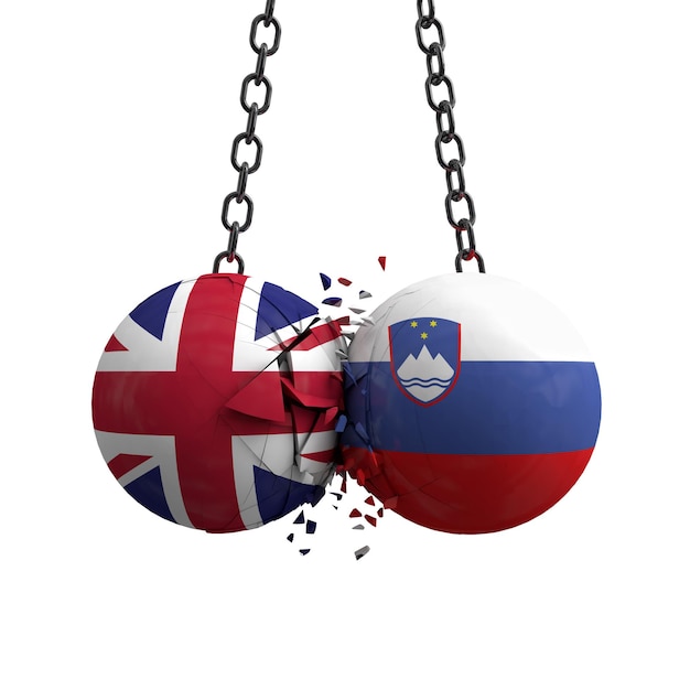 United Kingdom and Slovenia flag political balls smash into each other 3D Rendering