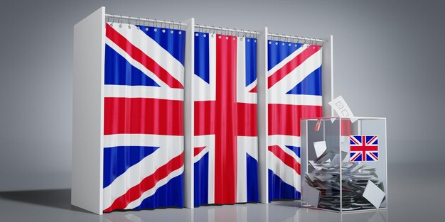 United kingdom voting booths with country flag and ballot box 3d illustration